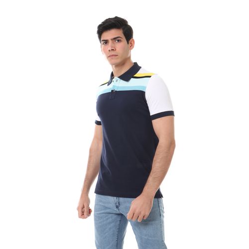 turn down collar plain polo shirt - navy blue - white