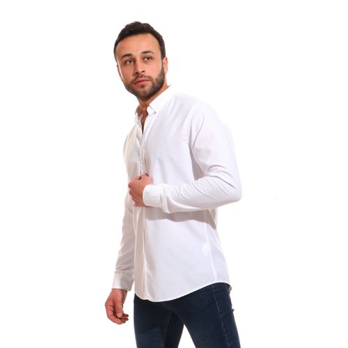 قميص قطن أساسي بأزرار بأكمام طويلة - أبيض