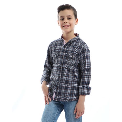 Boys Checks Long Sleeves With Two Pockets Shirt - Dark Brown & Navy Blue
