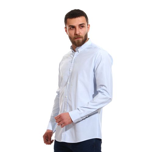 Basic Pinstripe Button Down Collar Shirt - Baby Blue & White