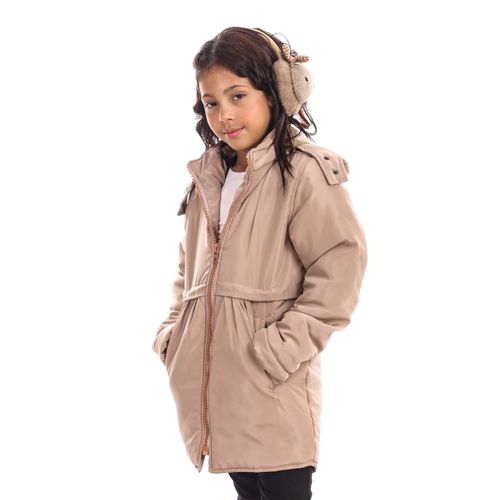 Side Pockets Girls Winter Jacket - Beige