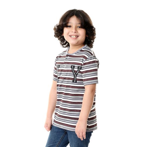 Boys Round Colar With Botton Closure T-shirt - Grey