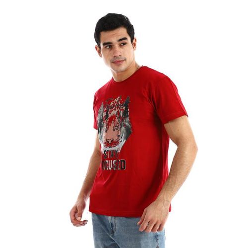 Printed Lion Short Sleeves T-Shirt - Dark Red