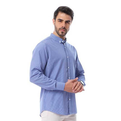 Buttoned Turn Down Collar Cotton Shirt - Blue & White