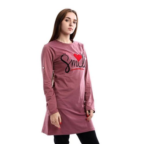 Embroidered " You Make Me Smile" Long Tee - Dark Cashmere