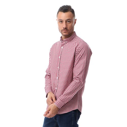 Basic Plaids Long Sleeves Buttoned Shirt - White&Dark Red