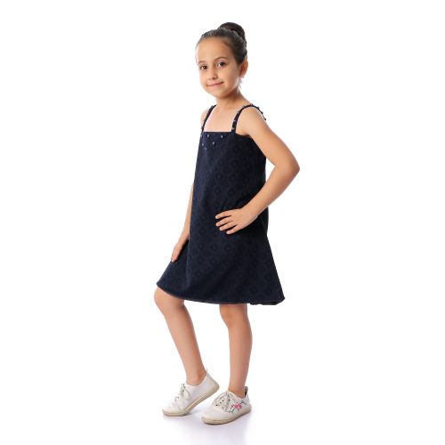 Girls Spaghetti Sleeves Dress With Pearls - Navy Blue
