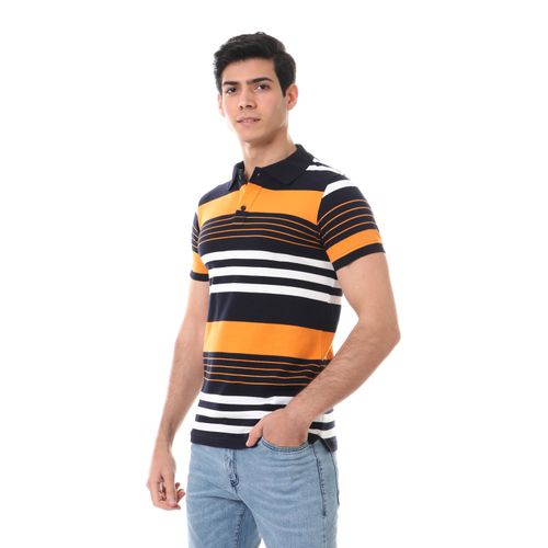 Plus Size Wide Striped Pique Polo Shirt - Black