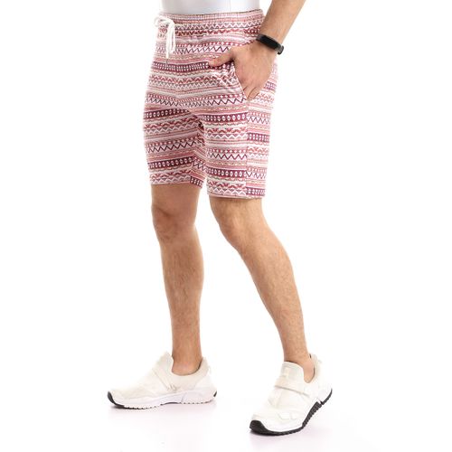 Plus Size Geometric Comfy Slip On Shorts - Burgundy & Coral