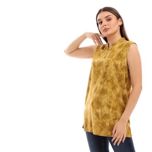 Sleeveless V-Neck Tie Dye Top - Dark Mustard