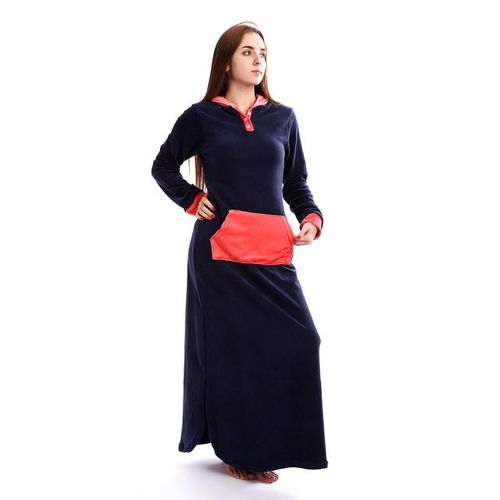 Hooded Buttoned Neck Velvet Nightgown - Navy Blue & Coral