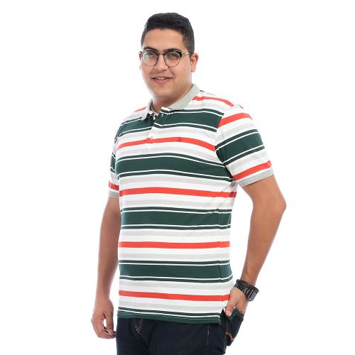 Striped Turn Down Collar Polo Shirt - Dak Green & Dark Orange