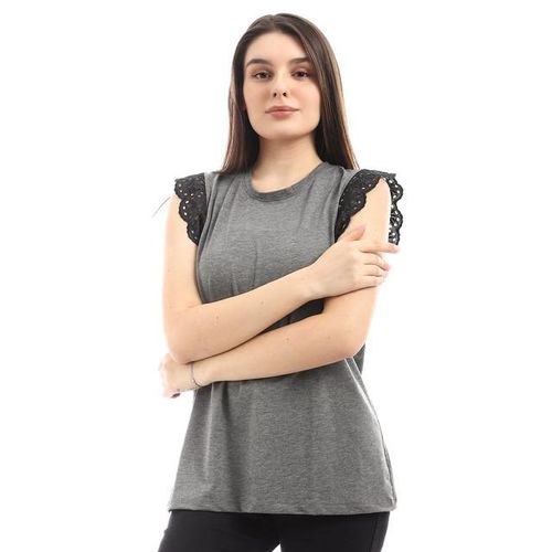 Cotton Top With Perforated Cap Sleeves - Grey