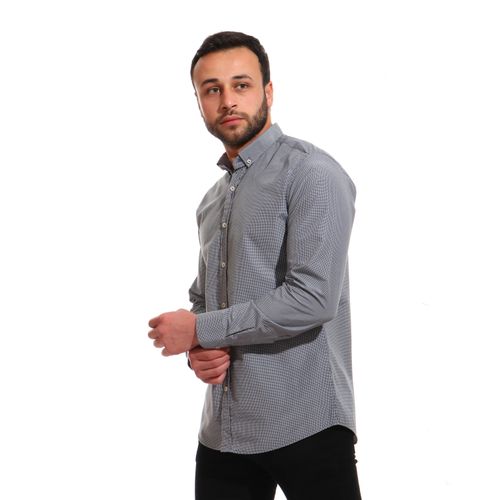 Full Sleeves Cotton Shirt - Dark Grey & White