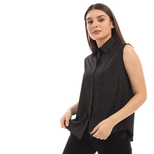 Sleeveless Tiny Dotts Pattern Shirt - Black