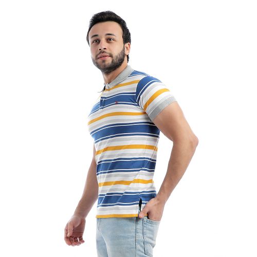 قميص بولو بيكيه مخطط بأكمام قصيرة - أزرق