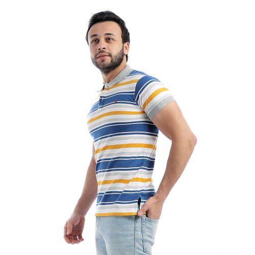 Pique Striped Short Sleeves Polo Shirt - Blue