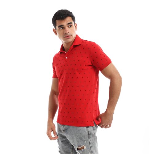 Short Sleeves Printed Palm Pique Polo Shirt - Red