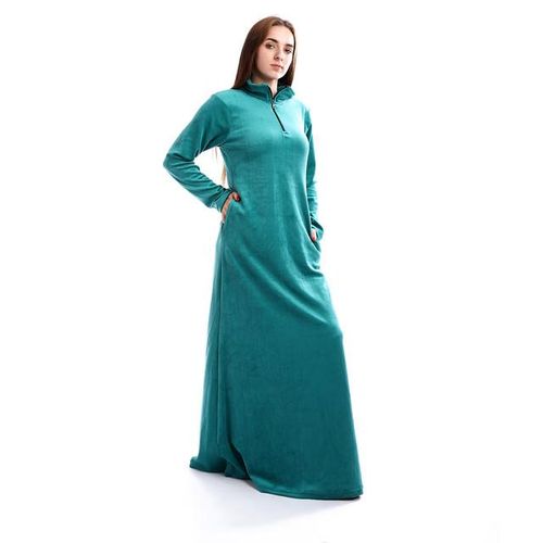 Zipped High Neck Velvet Nightgown - Teal Green