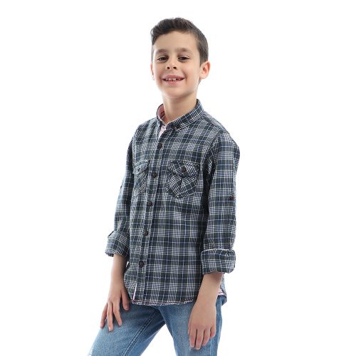 Boys Checks Long Sleeves With Two Pockets Shirt - Dark Green & Navy Blue