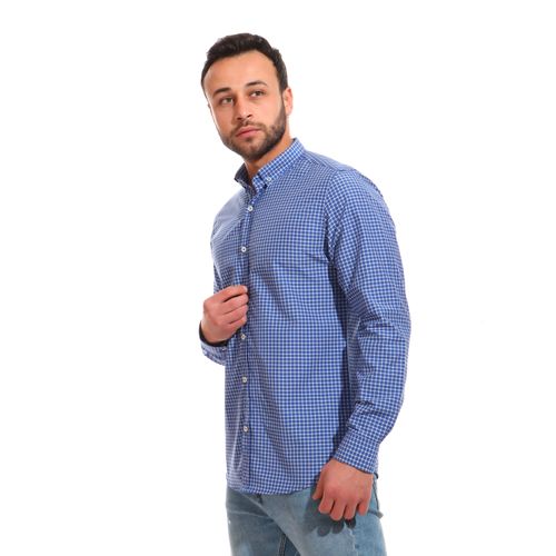 Full Sleeves Small Plaids Shirt - Royal Blue & White