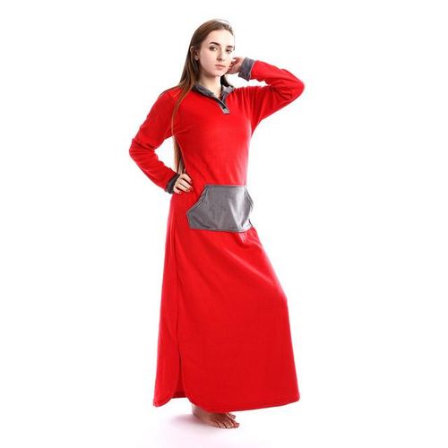 Hooded Buttoned Neck Velvet Nightgown - Red