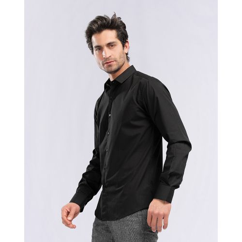 Solid Long Sleeves Buttoned Slim Shirt - Black
