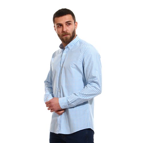 Trendy Plaids قميص بأكمام طويلة - أزرق فاتح وأبيض