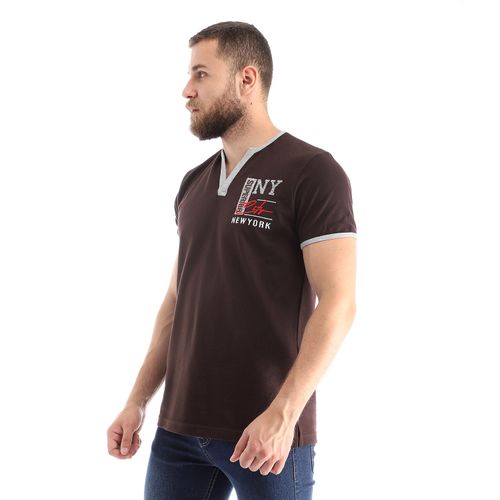 Open V-Neck Pique Slip On T-Shirt - Dark Brown