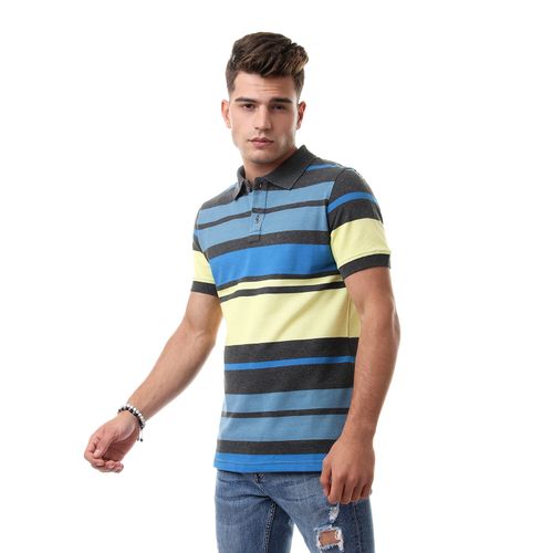 Striped Turn Down Neck Polo Shirt - Grey