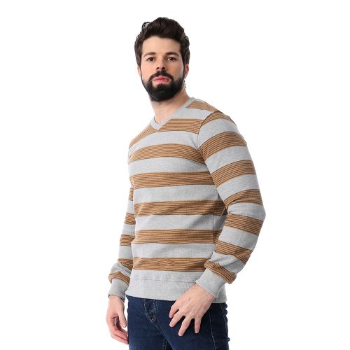 Striped Long Sleeves Sweatshirt - Grey & Light Brown