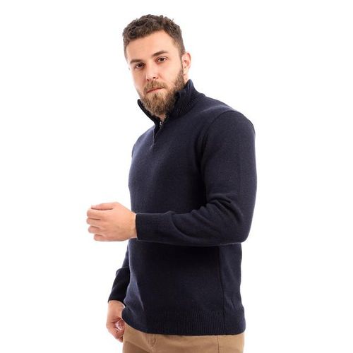 Zipper Closure Navy Blue Long Sleeves Sweater