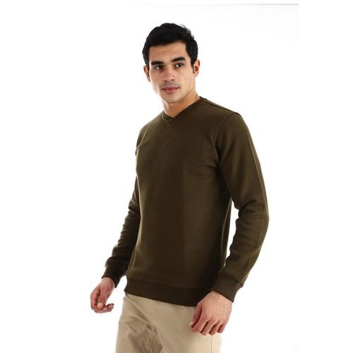 Basic V-neck Solid Sweatshirt - Olive