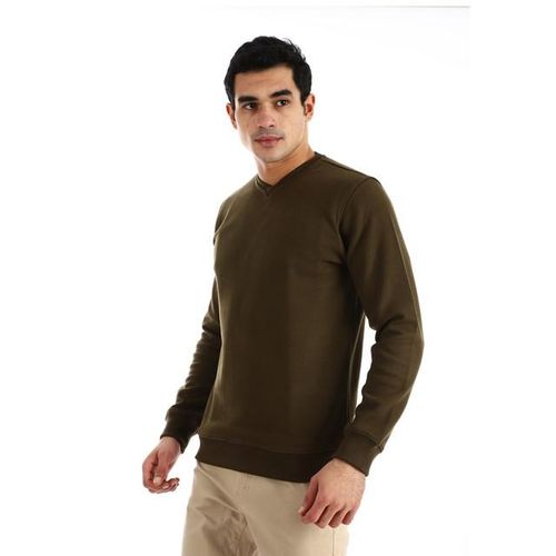 Basic V-neck Solid Sweatshirt - Olive