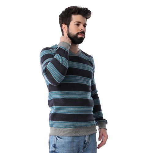 Striped Long Sleeves Sweatshirt - Navy Blue & Grey