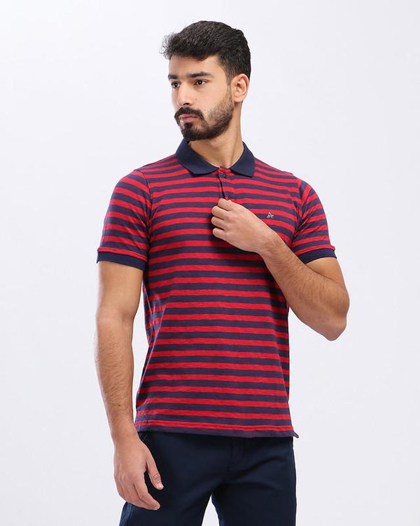 striped- short- sleeves- buttoned- t-shirt- - navy- blue- - red