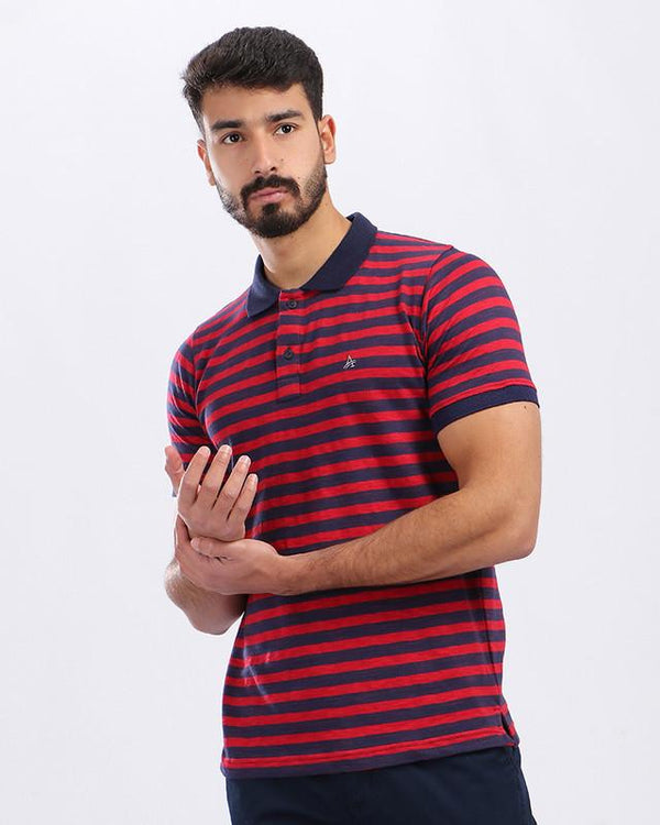 striped- short- sleeves- buttoned- t-shirt- - navy- blue- - red