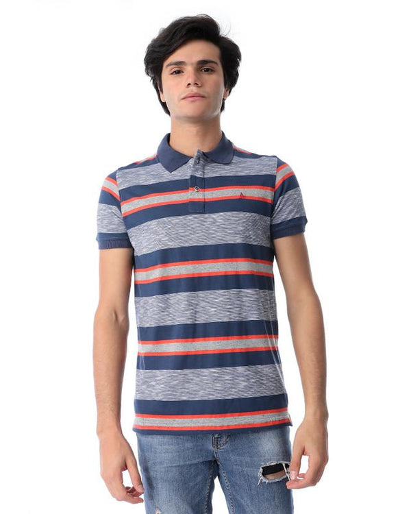 striped- short- sleeves- polo- shirt- - navy- blue- - orange