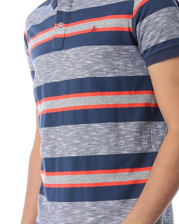 striped- short- sleeves- polo- shirt- - navy- blue- - orange
