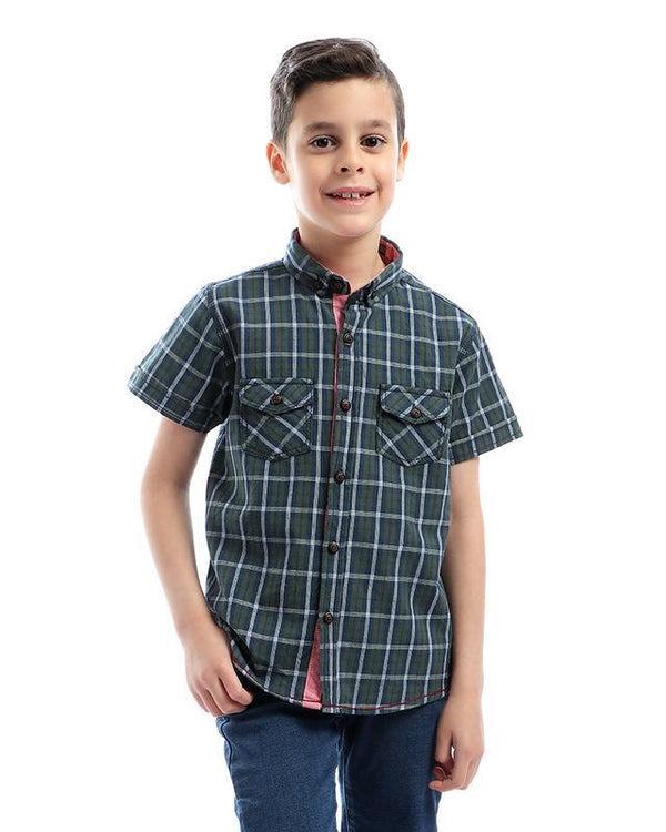 أولاد- اثنين- جيوب أمامية- ترتان- قميص- غامق- أخضر