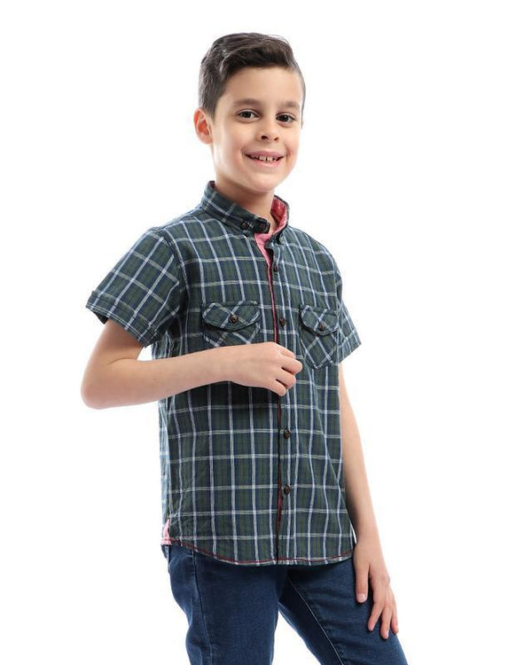 أولاد- اثنين- جيوب أمامية- ترتان- قميص- غامق- أخضر