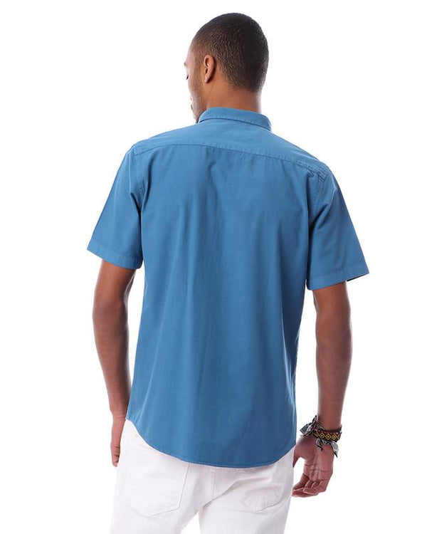 solid- buttons- closure- short- sleeves- shirt- - steel- blue