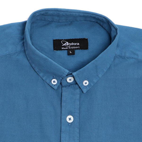 solid- buttons- closure- short- sleeves- shirt- - steel- blue