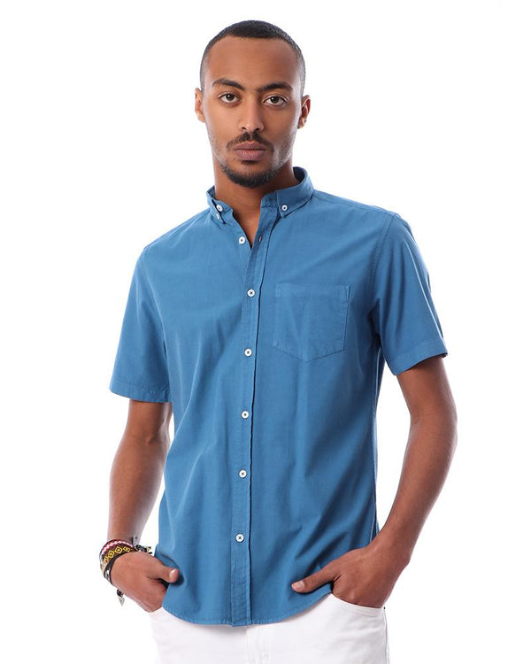 solid- buttons- closure- short- sleeves- shirt- - steel- blue