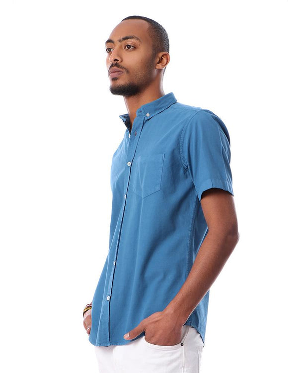 solid- buttons- closure- short- sleeves- shirt- - steel- blue