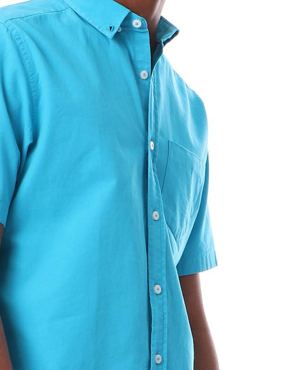 solid- buttons- closure- short- sleeves- shirt- - turquoise