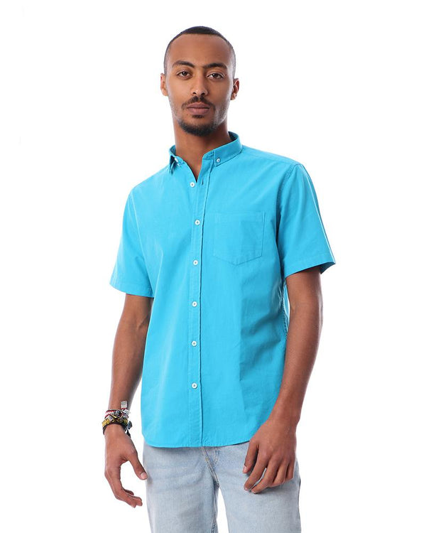 solid- buttons- closure- short- sleeves- shirt- - turquoise