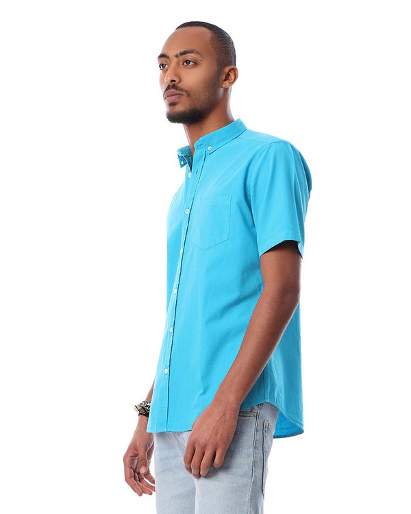 solid- buttons- closure- short- sleeves- shirt- - turquoise