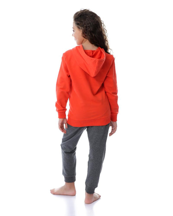 winter- hooded- long- sleeves- pajama- set- for- girls- - orange- - dark- grey