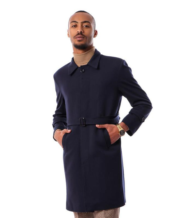 turn- down- collar- solid- buttoned- coat- - navy- blue